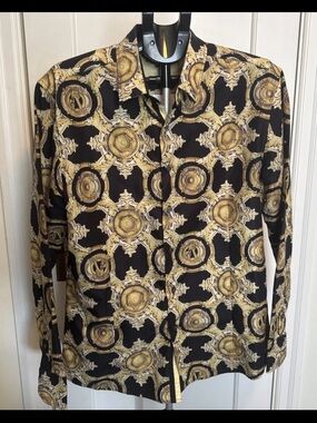 DE-NIKO Men's Long Sleeve Button Up Shirt Size L Black Gold Baroque Print Ornate